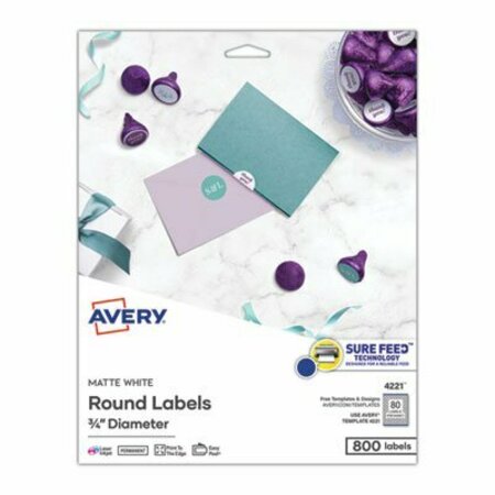 AVERY DENNISON Avery, PRINTABLE SELF-ADHESIVE PERMANENT ID LABELS W/ SURE FEED, 3/4in DIA, WHITE, 800PK 4221